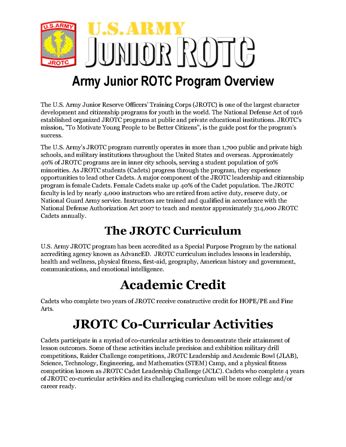 Army Junior ROTC Program Overview 